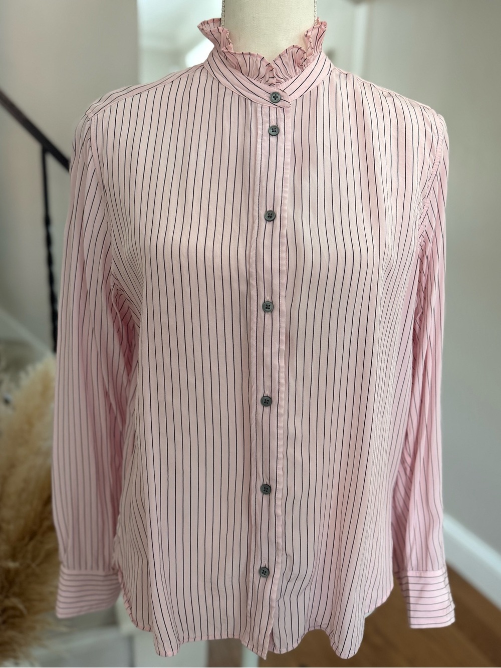 J.Crew Jules Pink Striped Ruffle Collar Button-Up Blouse